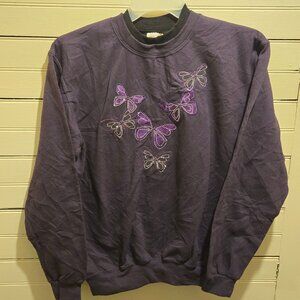 Top Stitch Crewneck Sweatshirt Womens M Purple Butterfly Embroidery Rhinestone